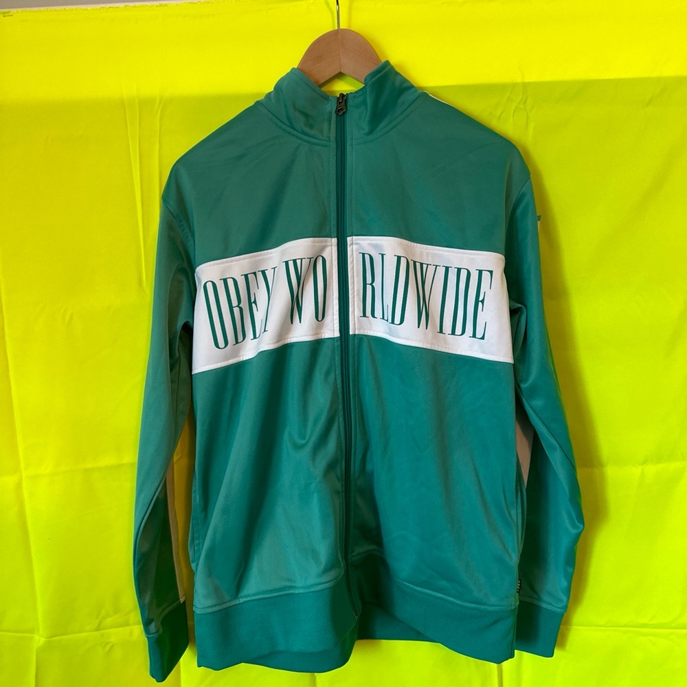 Obey Worldwide Men's Green/White Zip Track Jacket Size Large